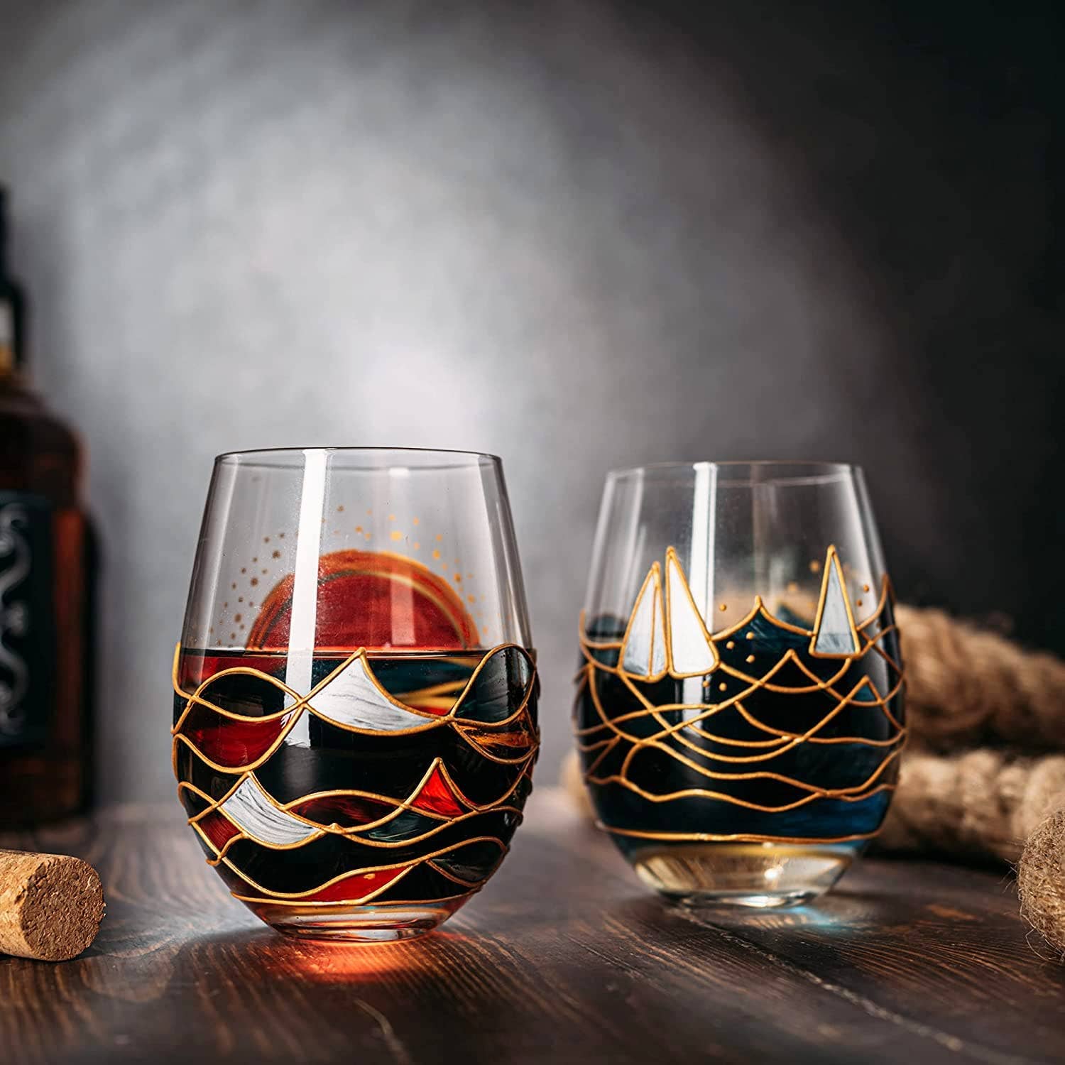 Sailboat Sunrise Artisanal Hand Painted Stemless - Set of 2