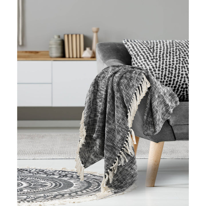Boho Chambray Throw Blanket with Fringe: Navy Blue