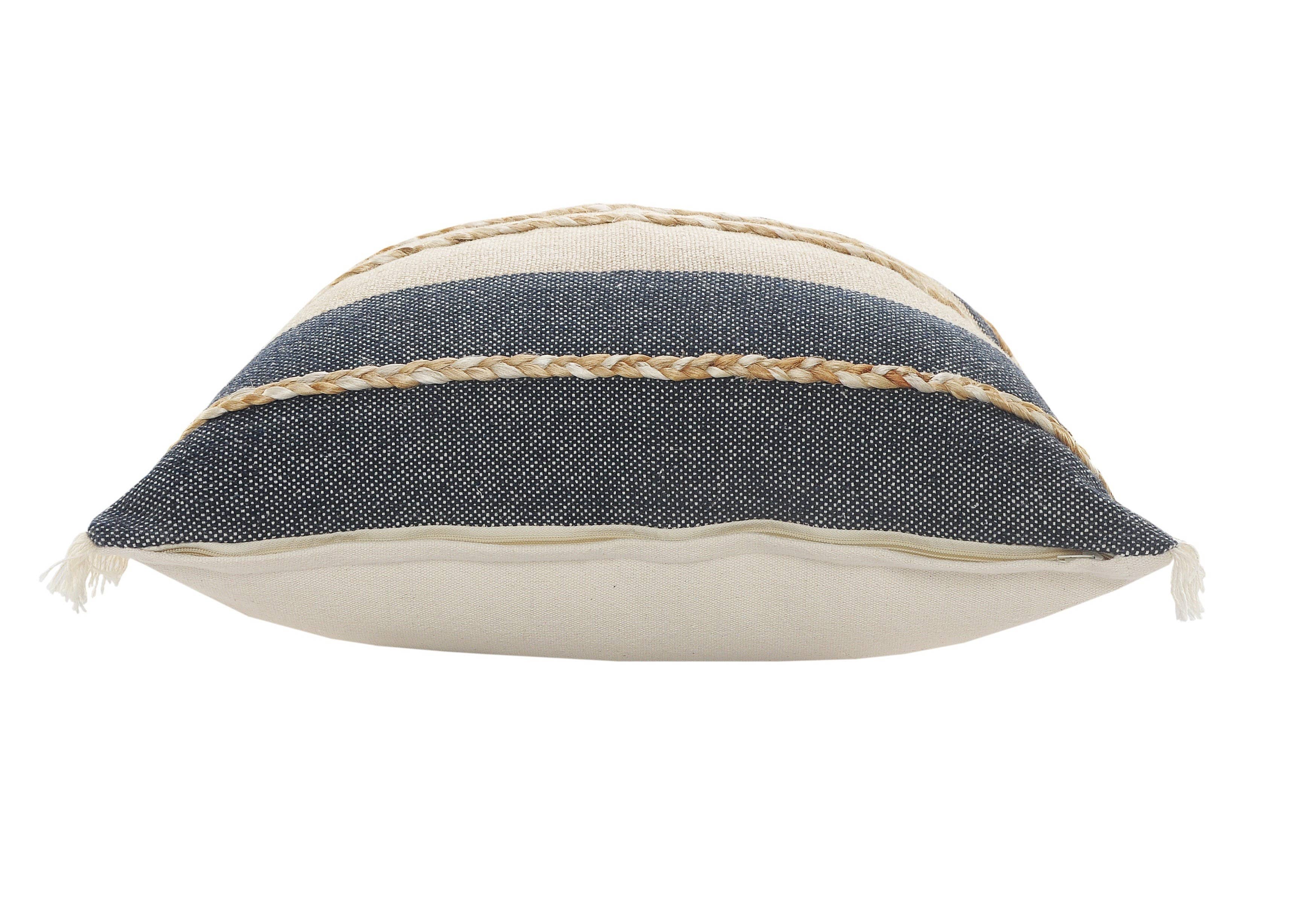 Atlantis Denim Blue and Taupe Throw Pillow with Jute: 20" x 20" / Poly Filled