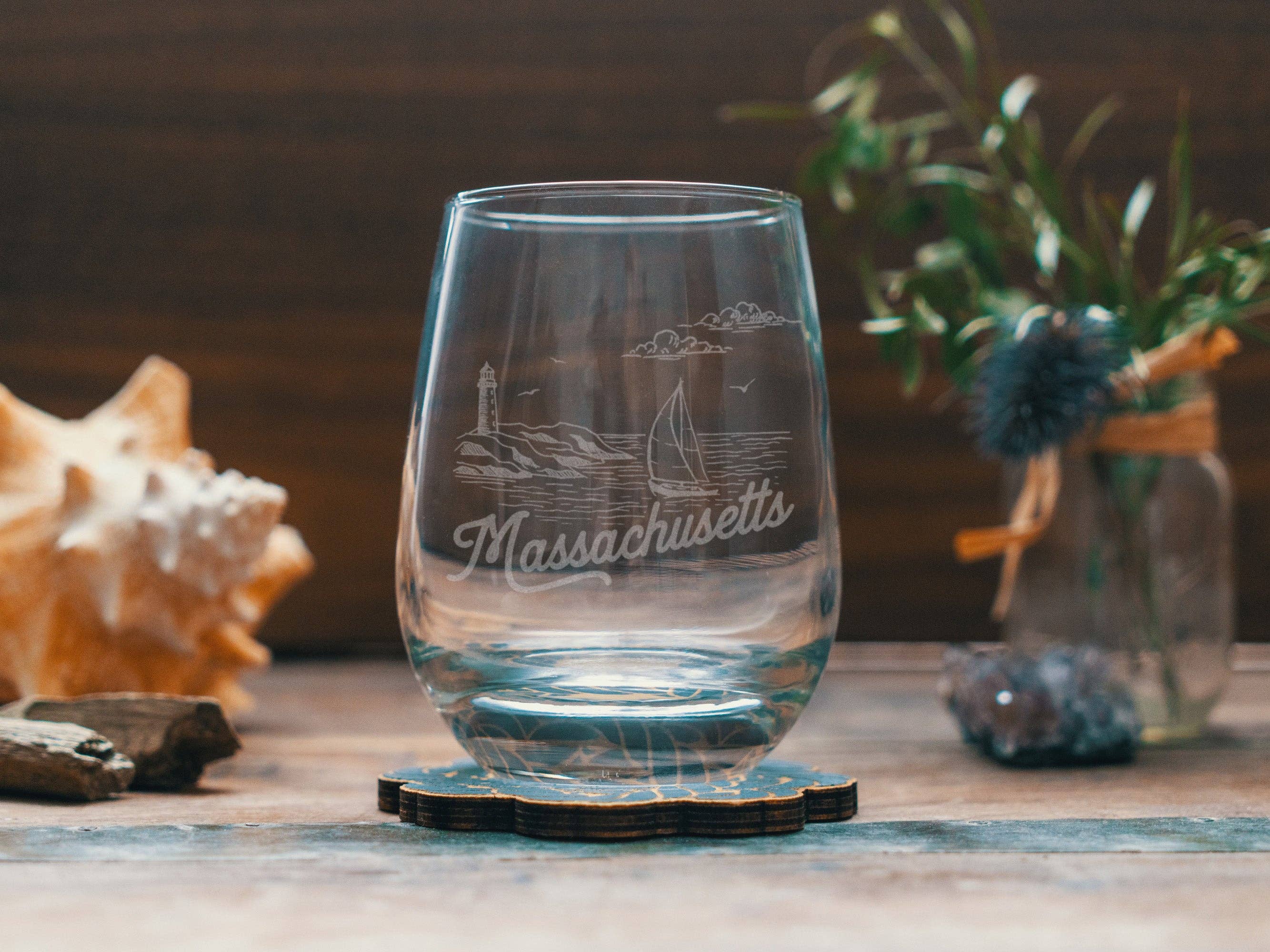 Massachusetts State Drinking Glasses: Stemless Wine ~ 15 oz