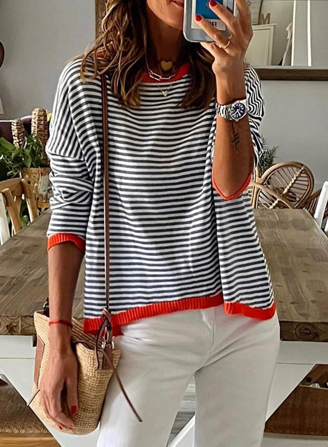 CWOSWL0811_ Long Sleeve Loose Neck Pullover Sweater: White / (S) 1