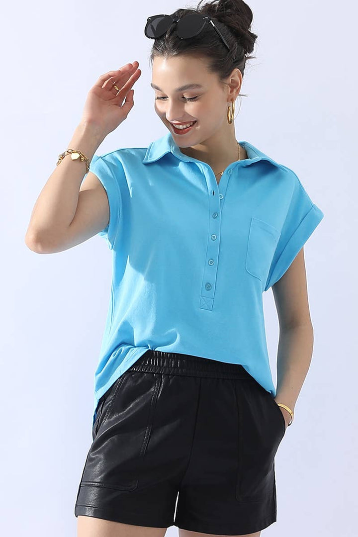 CWTTS698_JOHNNY COLLARS BUTTON CLOSER SHORT SLEEVE TOP: AQUA / (M) 1
