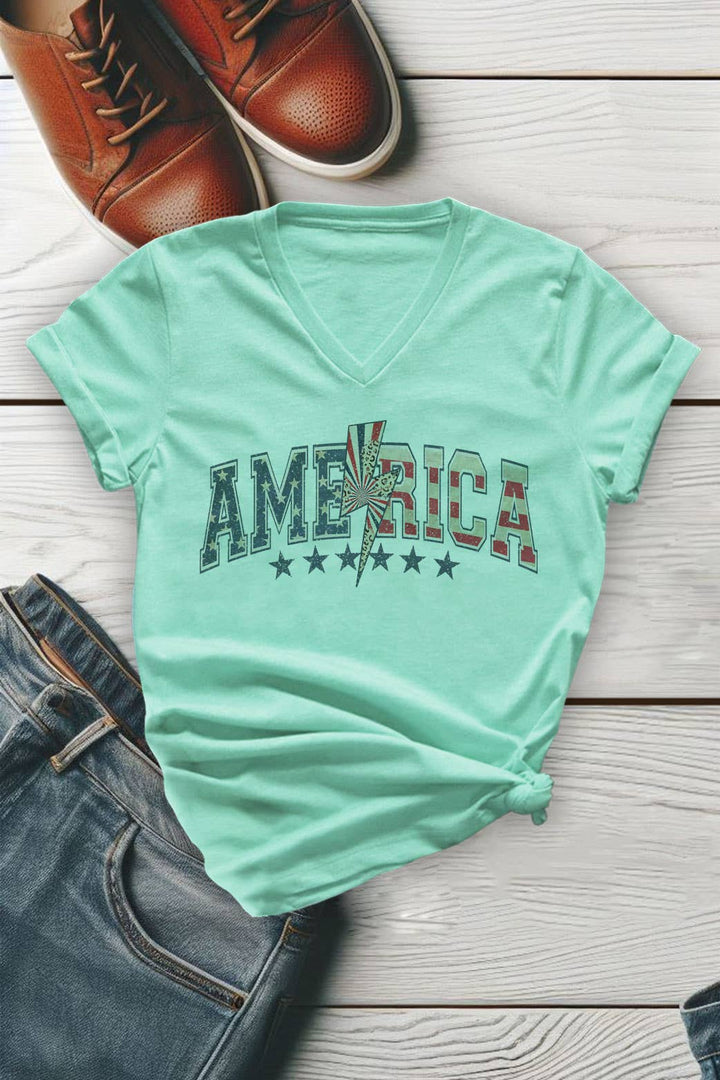 Leopard Lightning Bolt America 4th of July, Unisex V-neck T-Shirt: M / White / Graphic T-Shirt