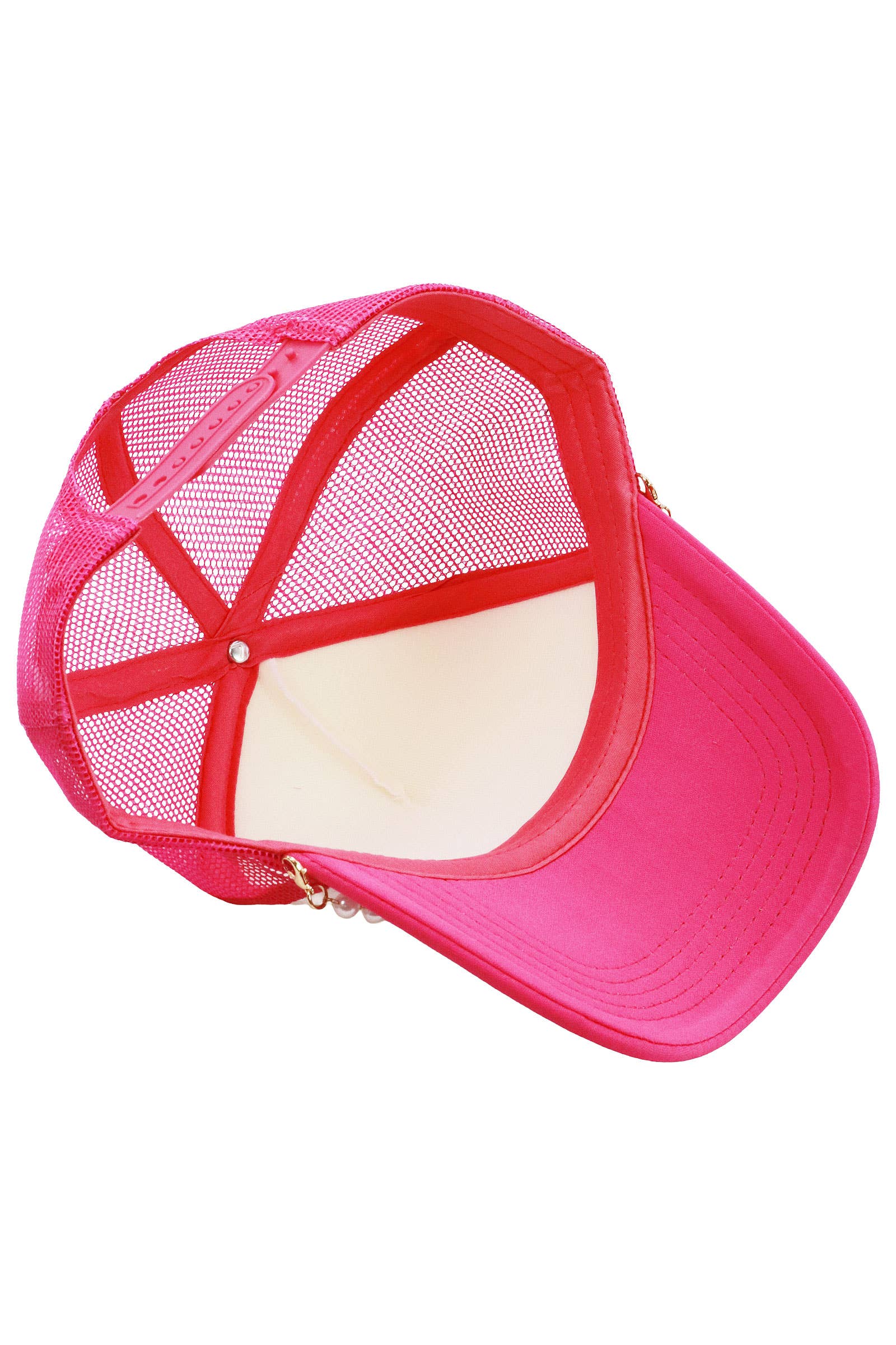 Faux Pearl Chain Foam Mesh Trucker Hat: WHITE/HOT PINK / ONE SIZE