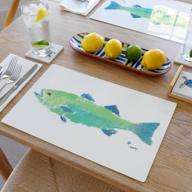 FishAye Sea Foam Bass Placemat | Coastal Nautical Table Decor: Set of 8