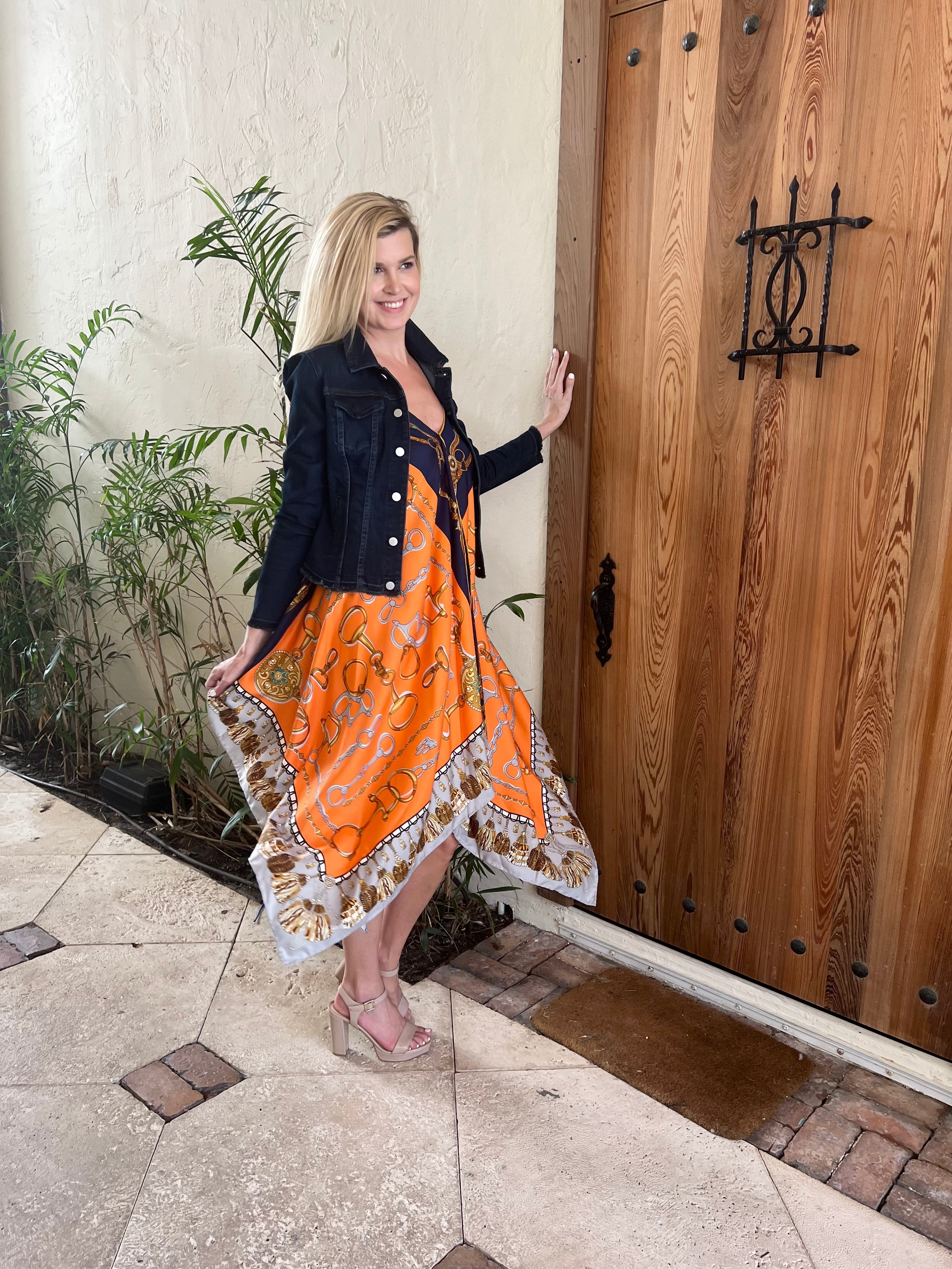 Silk Dress / Orange and Blue Bit