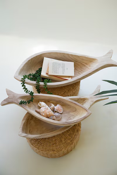 CARVED WOOD FISH BOWL SET OF 3