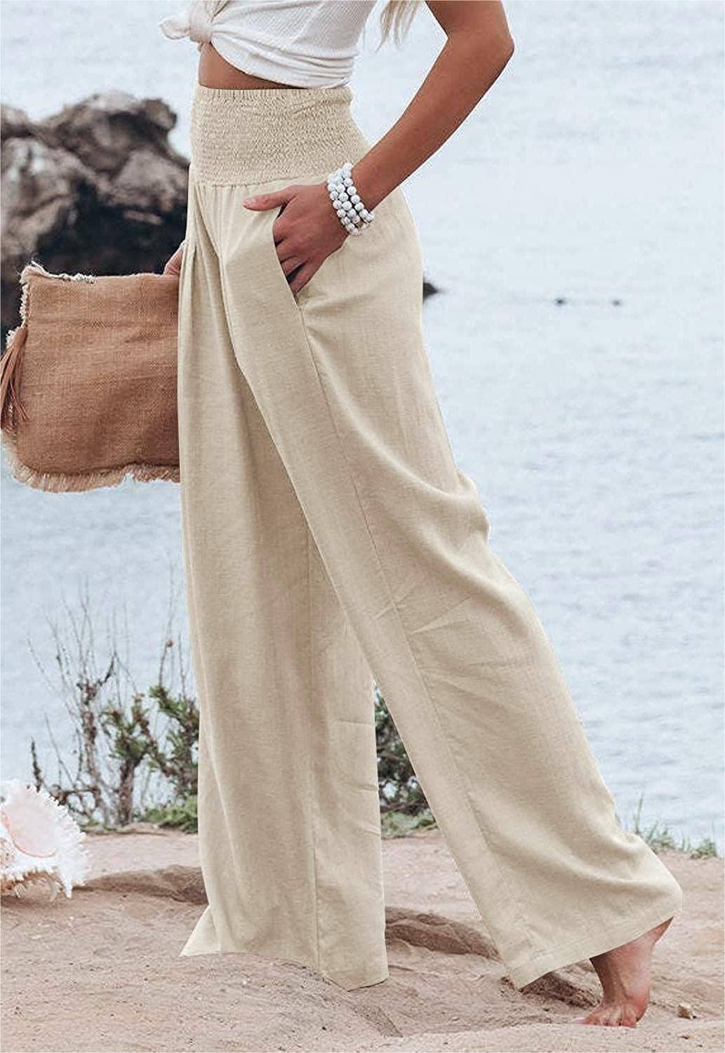 Women's slacks casual wide-legged pants wrap spring trousers: Brown / M
