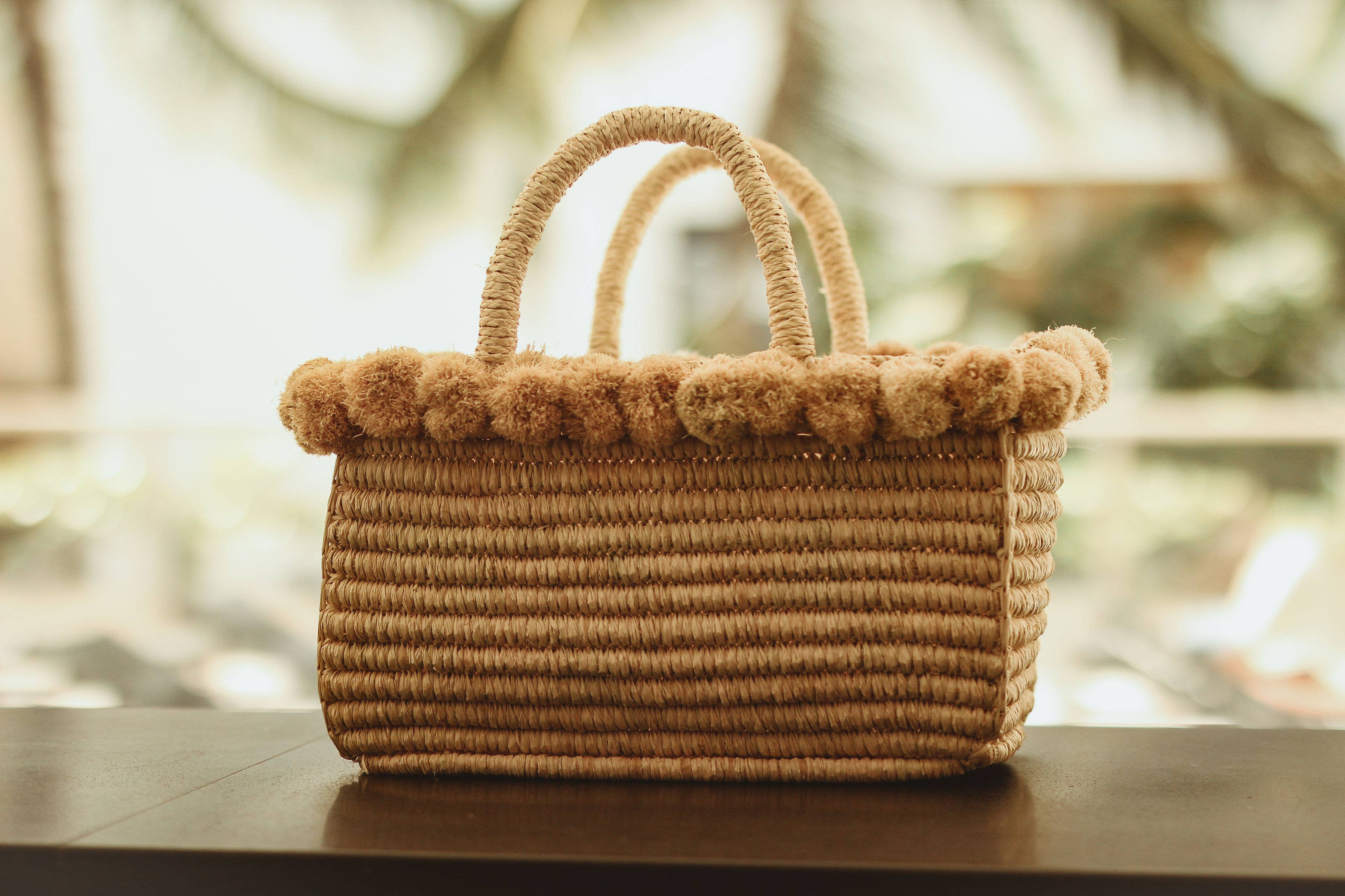 Rico Crochet Rectangle Straw Basket Handbag PomPom Trim Edge: Natural