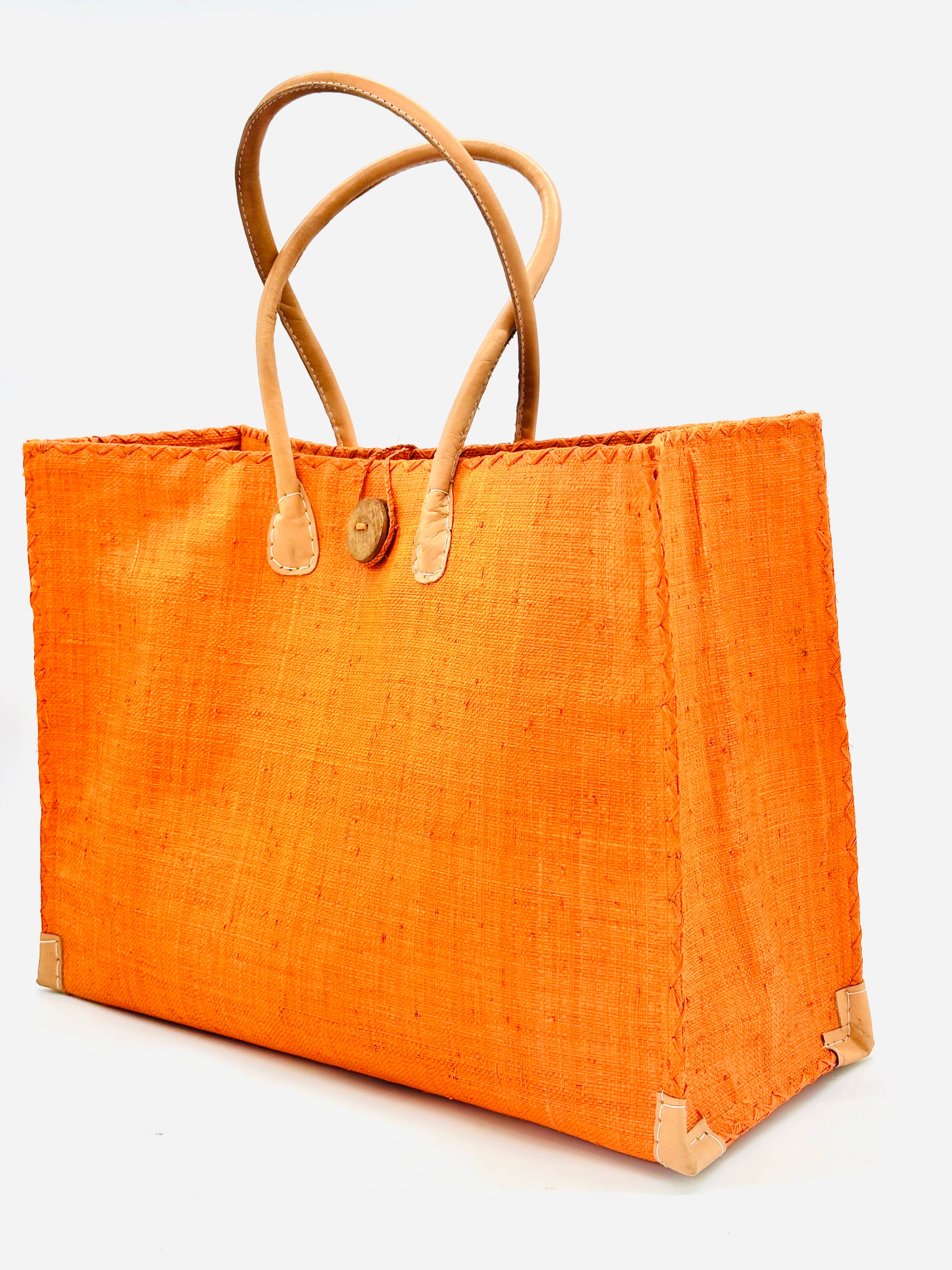 Zafran Solid Straw Beach Bag with Plastic Liner - 2 Sizes: Large / TOBACCO