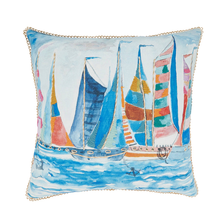 Charming Outdoor Sail Boats Pillow: Multi / Poly Filled / 20"