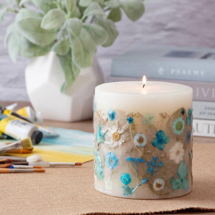 Bluebell Lace Pressed Flower Pillar Candle