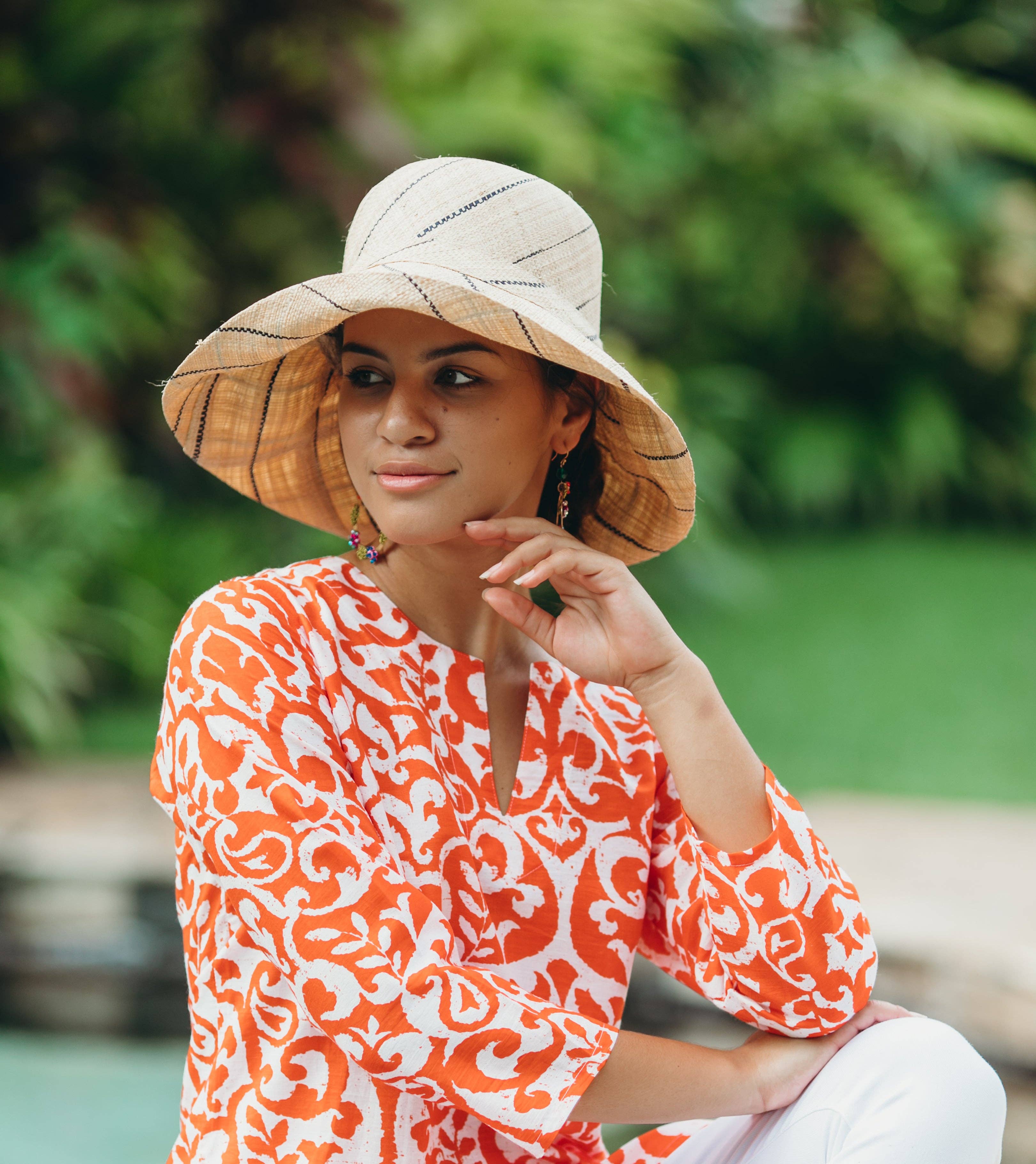 5" & 7" Wide Brim Pinstripe Packable Straw Sun Hats: Brights Multicolor Pinstripes / 7" Brim