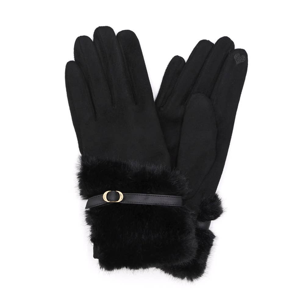 Faux Fur And Strap Cuff Smart Touch Gloves: Black