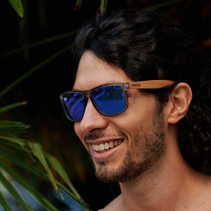 Square Bamboo Wood Sunglasses with Blue Polarized Lenses