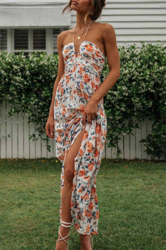 Plunge halter backless floral swing maxi sun dress: Orange / M