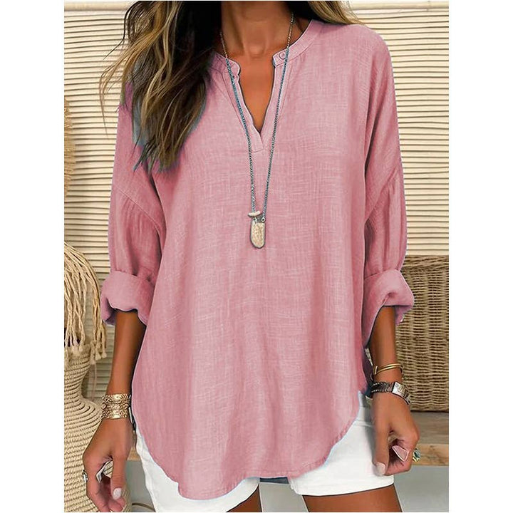 CWTBLL0260_Blouse Linen Long Sleeve Casual V Neck Top: White / (L) 1