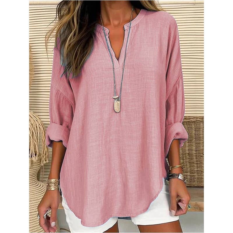 CWTBLL0260_Blouse Linen Long Sleeve Casual V Neck Top: Pink / (S) 1