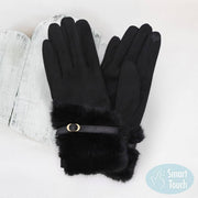 Faux Fur And Strap Cuff Smart Touch Gloves: Black