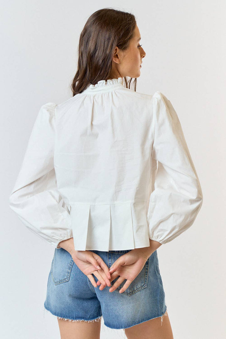 ILT4190 RUFFLE NECK PUFF SLEEVE BUTTON DOWN BLOUSE TOP: OFF WHITE / 100% COTTON / L