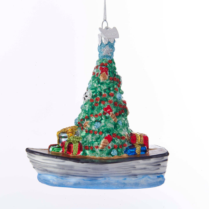 4"NOBLE GEMS BOAT W/TREE GLASS ORNAMENT