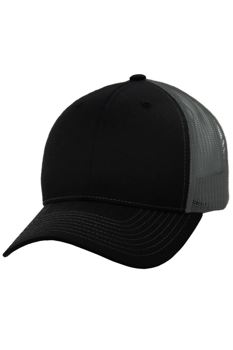 Sleek Black Front Six Panel Curved Bill Trucker Hat: Black
