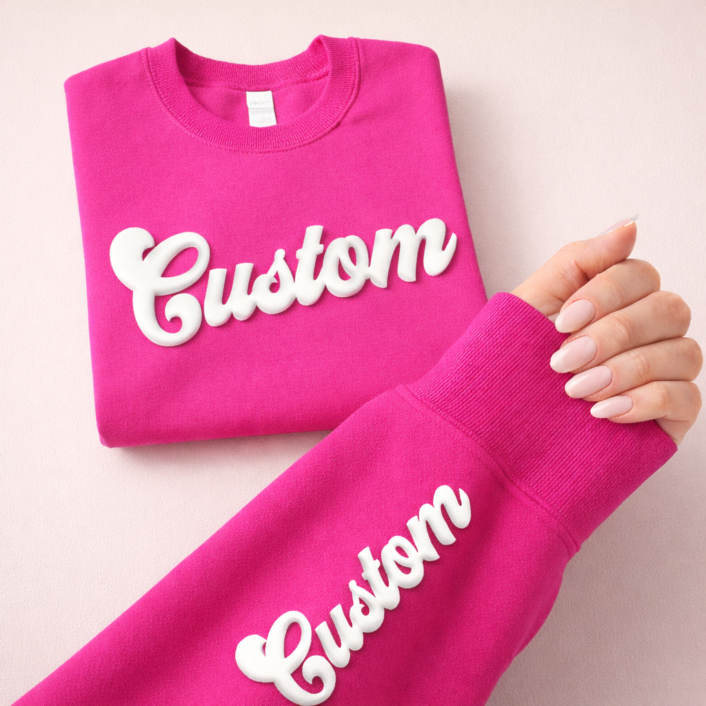 CUSTOM Wrist Sleeve & Front Puff Print Unisex Sweatshirt: Black / White / 2XL