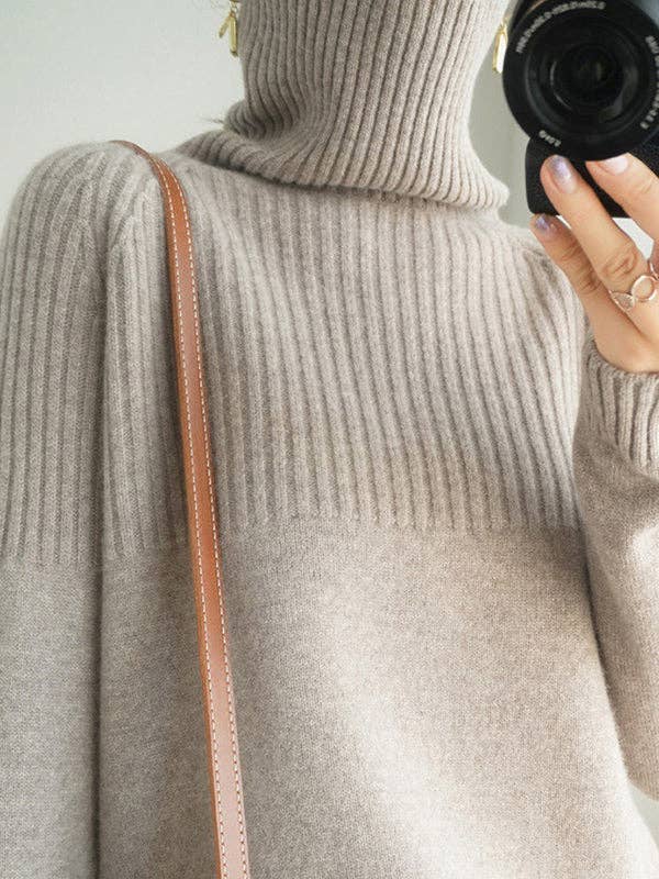 Casual Long Sleeves Loose Solid Color High-Neck Sweater Tops: GRAY / M
