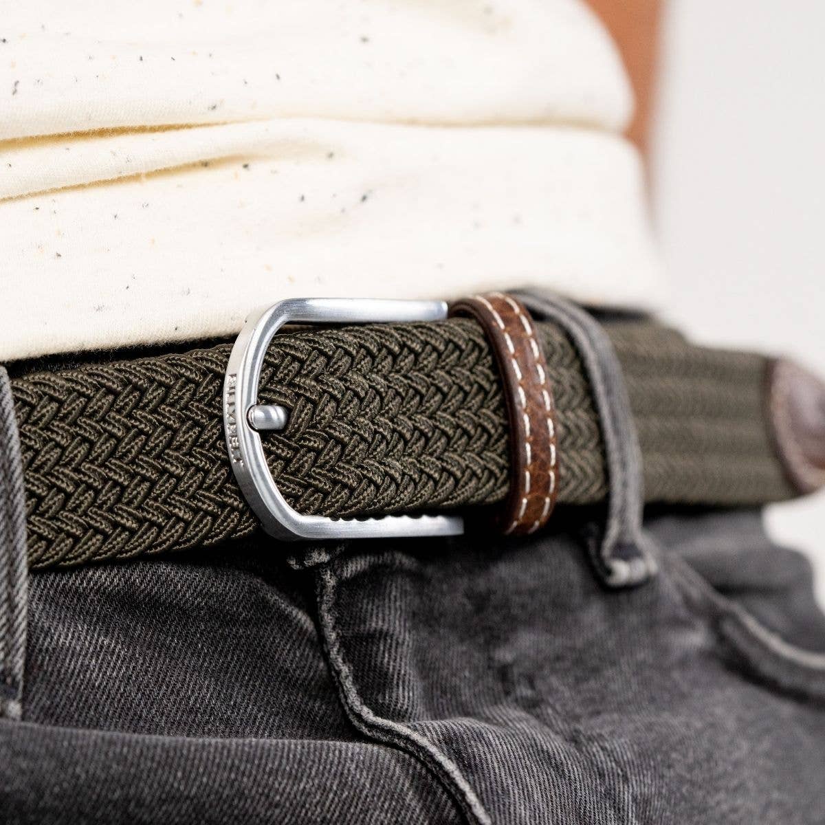 Khaki green elastic braided belt: Size 1
