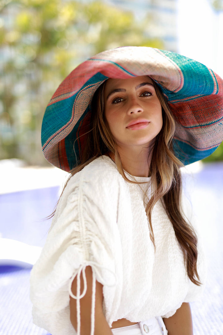 Sun Hats: Colored Stripes Packable 5" & 7" Brim Raffia Straw: 5" Brim / Carmalita Stripes