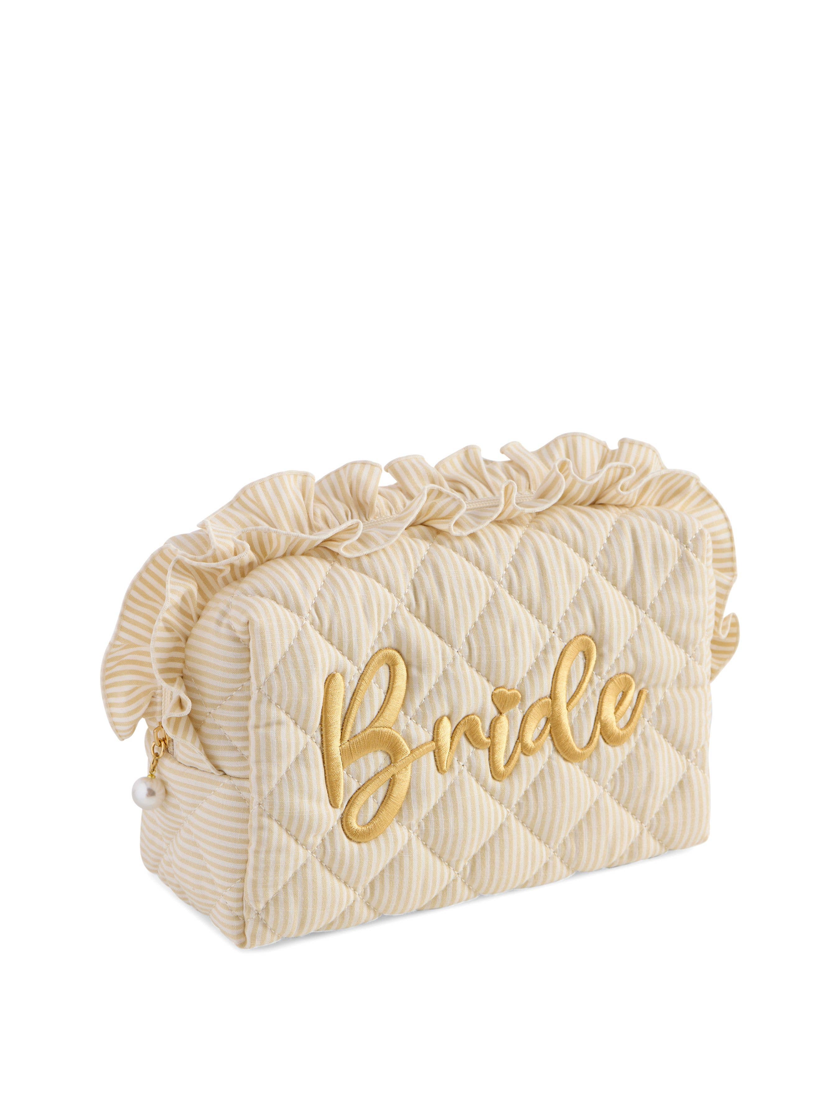 RUFFLE "BRIDE" LARGE ZIP POUCH,BEIGE