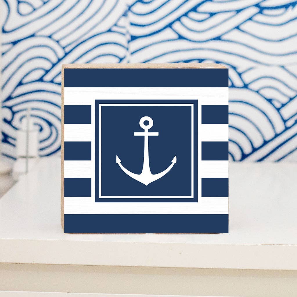 Navy Anchor Stripes Decorative Wooden Block