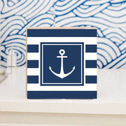 Navy Anchor Stripes Decorative Wooden Block
