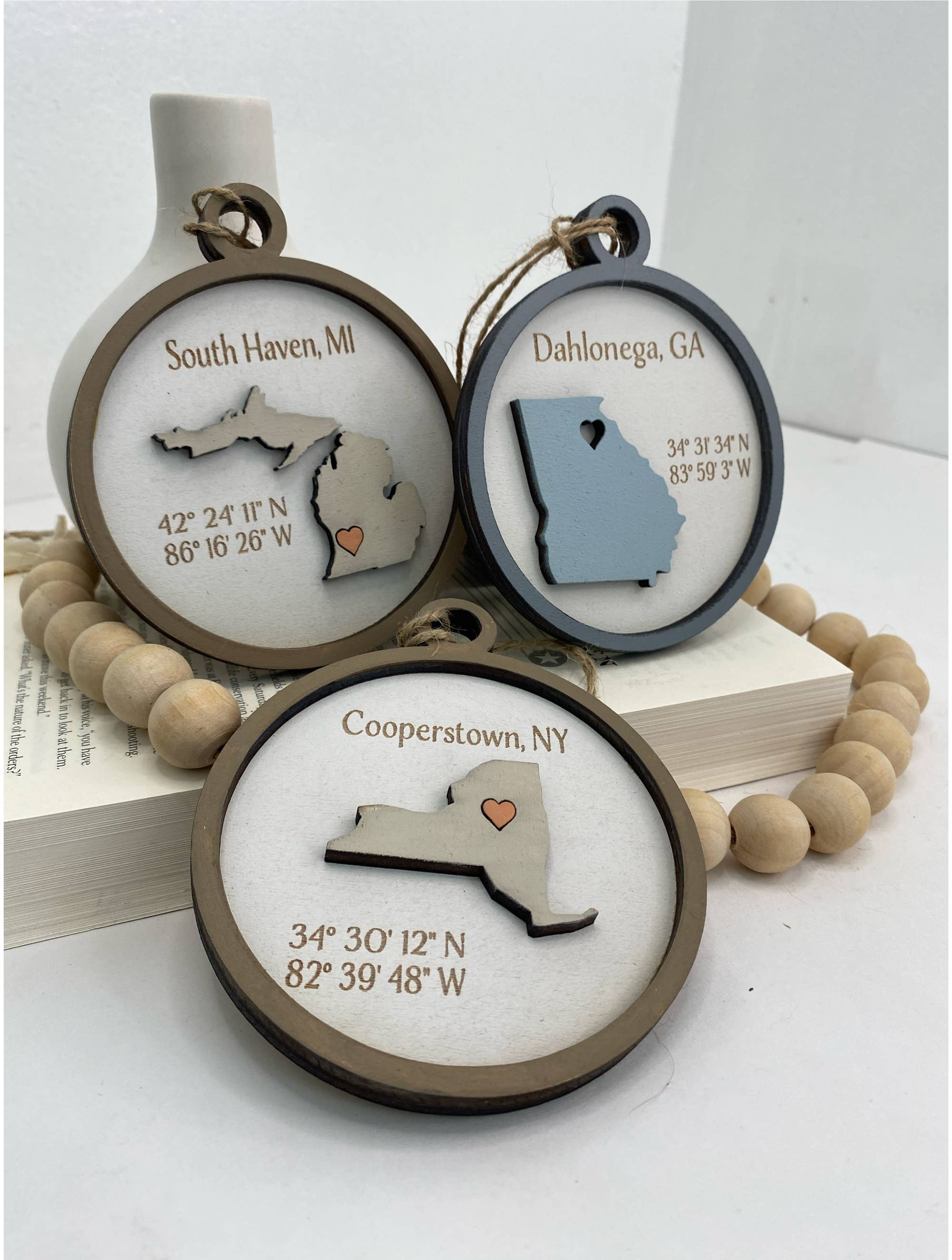 Ornament - "Any" City/State Wood Ornament or Gift Tag: Your Store Name Engraved / Blue