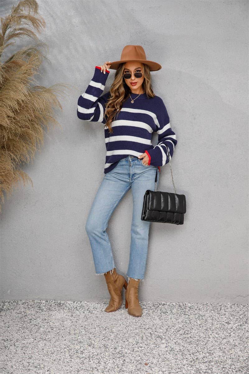 CWOSWL1709_Crew Neck Long Sleeve Striped Pullover Sweater: NAVY / (S) 1