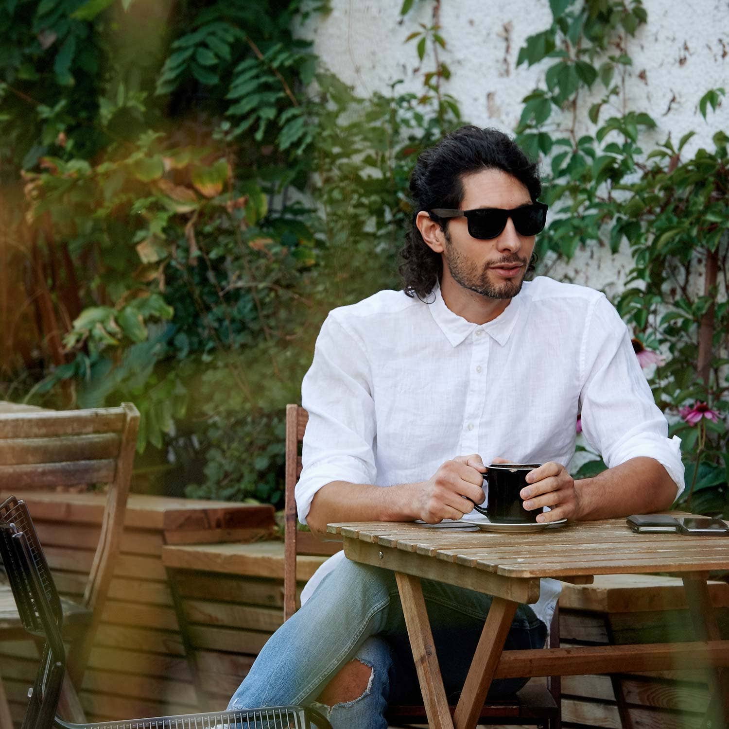 Square Ebony Wood Sunglasses with Black Polarized Lenses