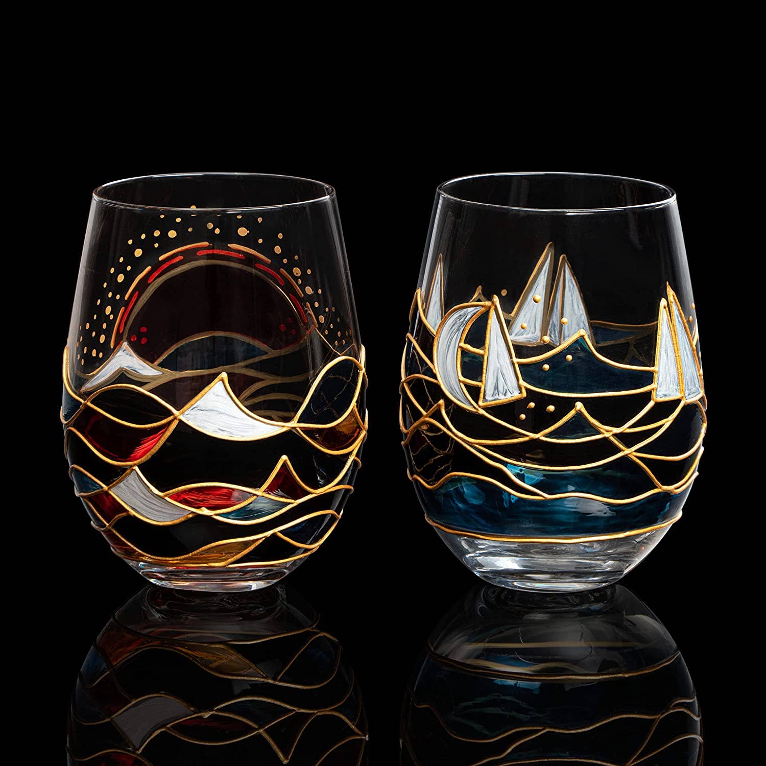 Sailboat Sunrise Artisanal Hand Painted Stemless - Set of 2