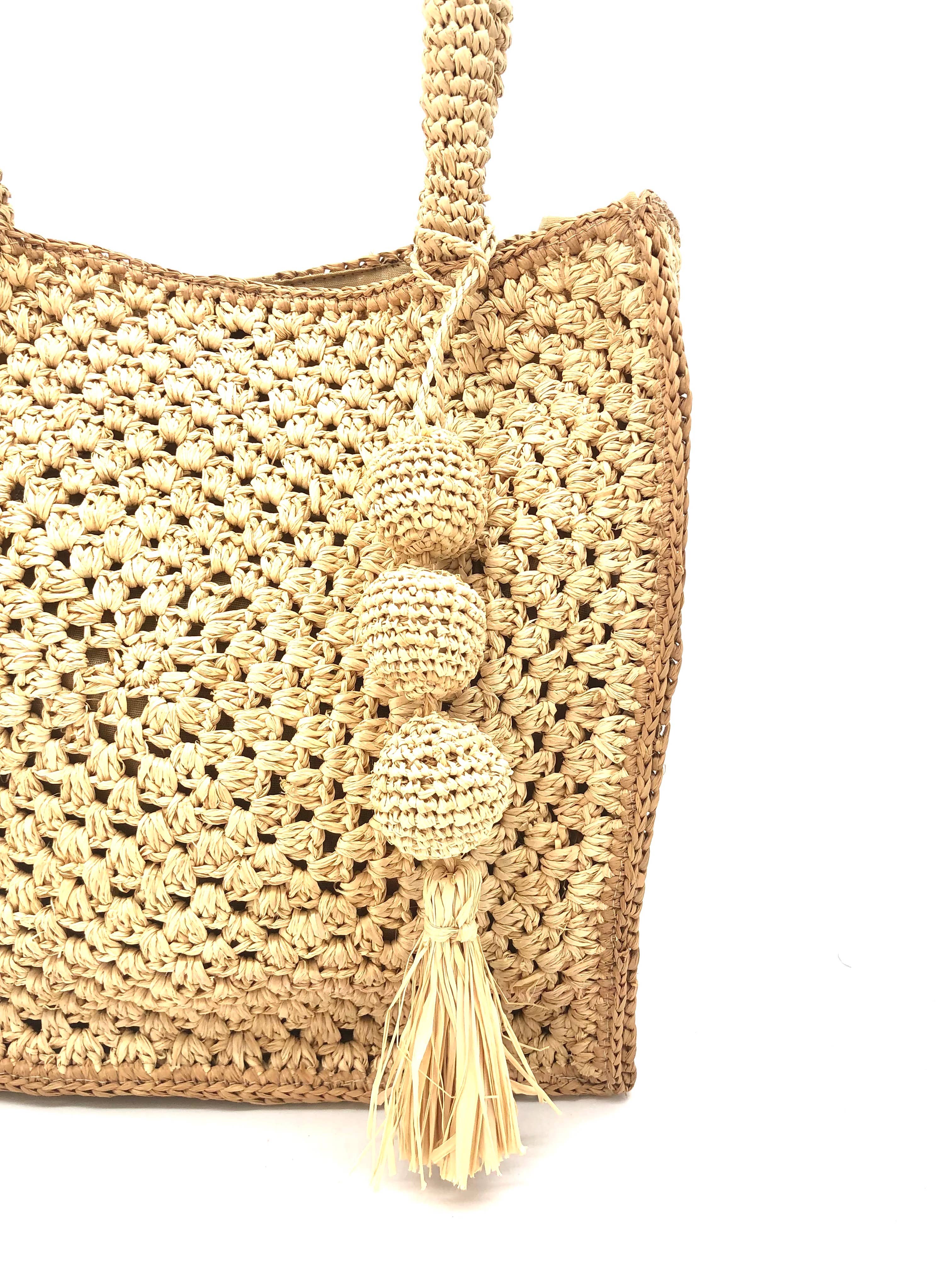 Kimba Crochet Straw Handbag + Sphere Charm Embellishment: Black Trim