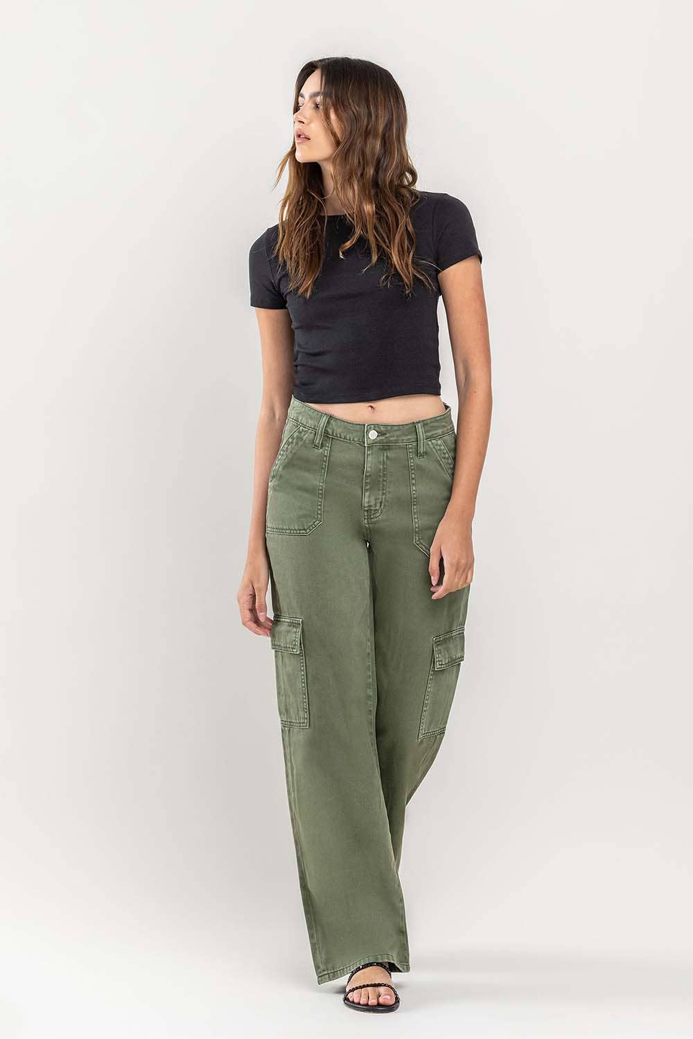 HIGH RISE UTILITY CARGO WIDE JEANS T5823TY: THYME / 29