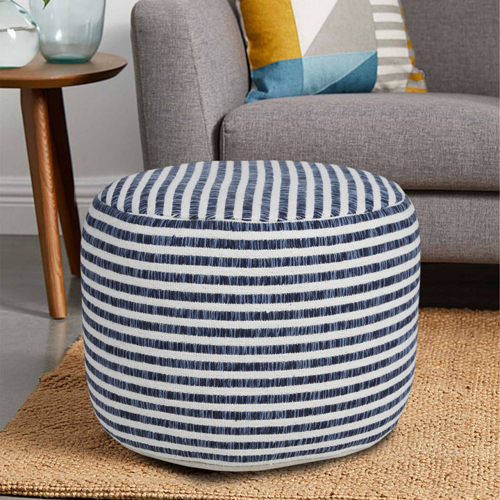 Blue and White Woven Stripe Pouf Ottoman