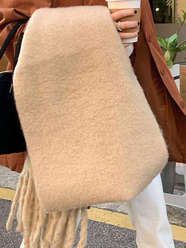Thick Keep Warm Solid Color Tasseled Scarf: CAMEL / One_size
