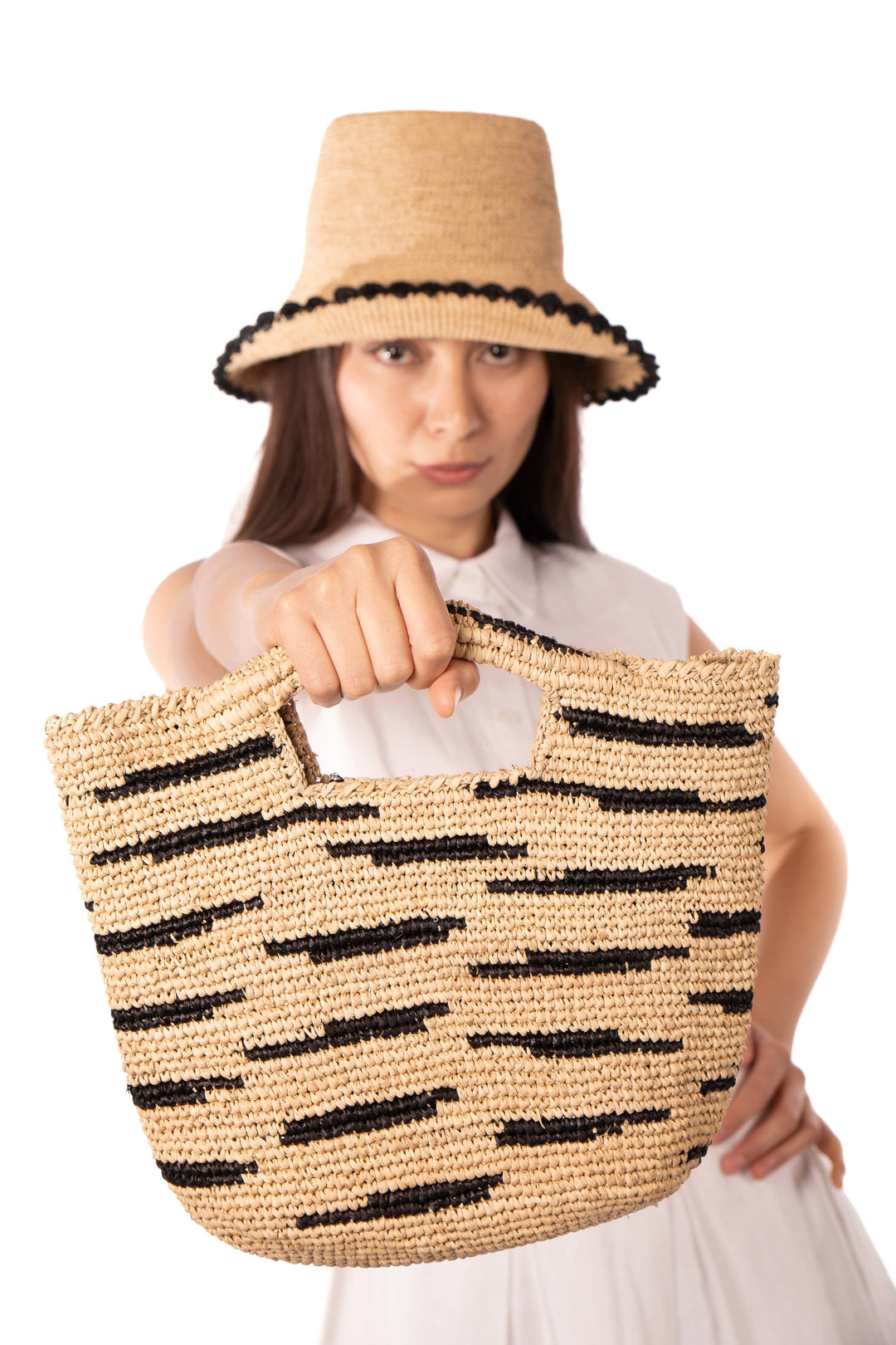 Mini ConCon Crochet Petite Straw Basket: Saffron Two Tone Zebra Stripe