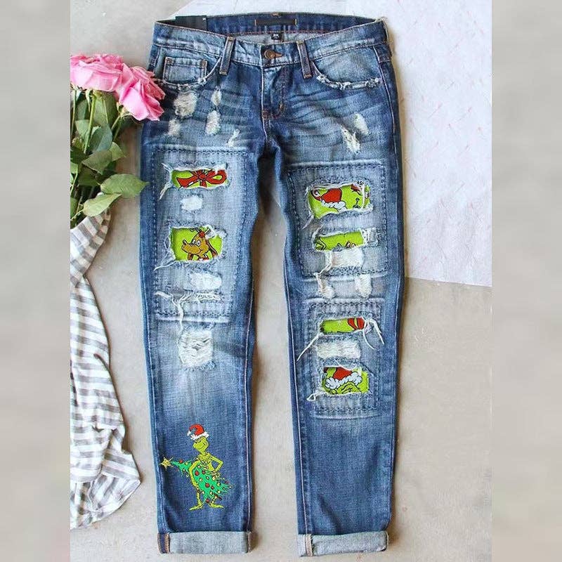 Women’s Distressed Straight Leg Jeans with Christmas: Dark Blue / XL