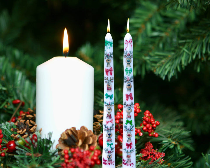 Be Merry Reindeer Christmas Taper Candle Decor, Holiday Deco