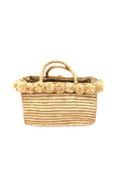 Rico Crochet Rectangle Straw Basket Handbag PomPom Trim Edge: Natural