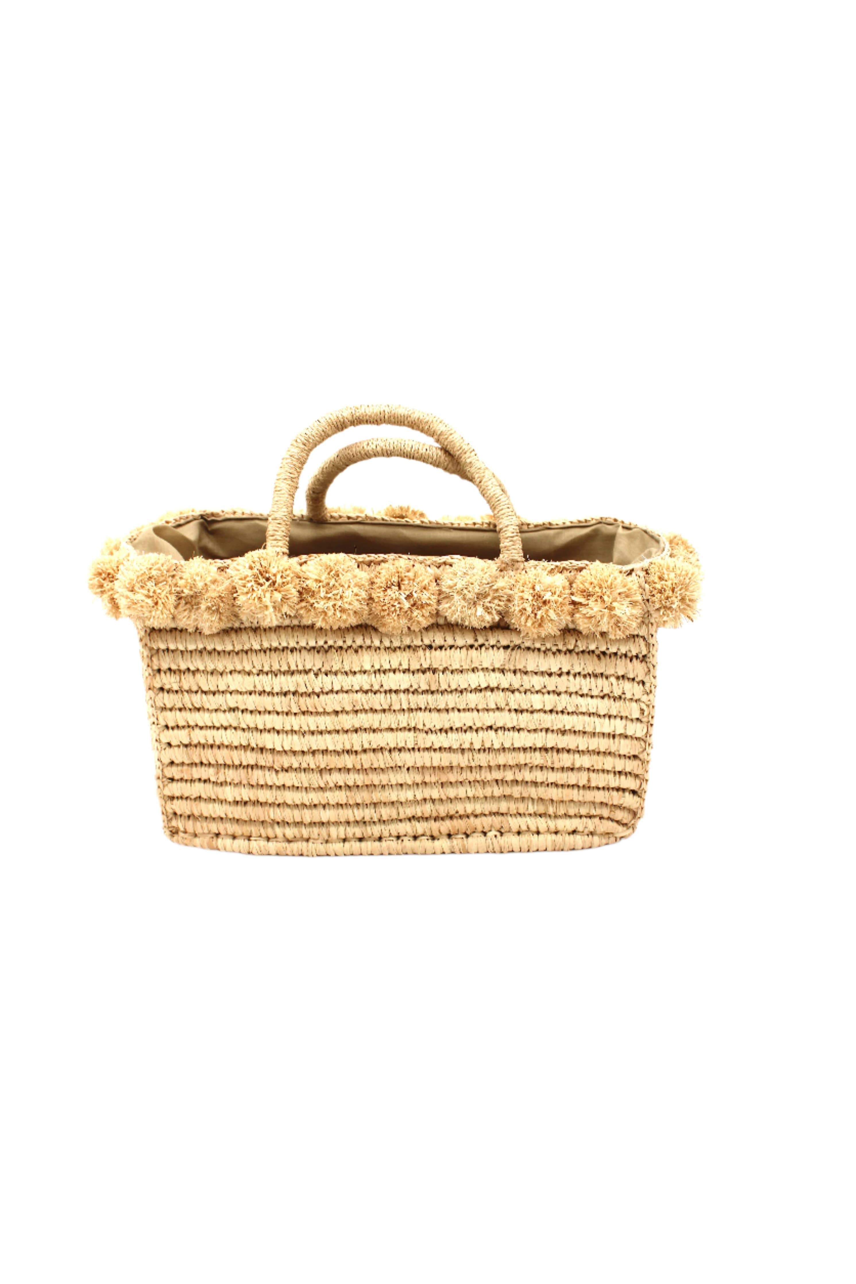Rico Crochet Rectangle Straw Basket Handbag PomPom Trim Edge: Natural