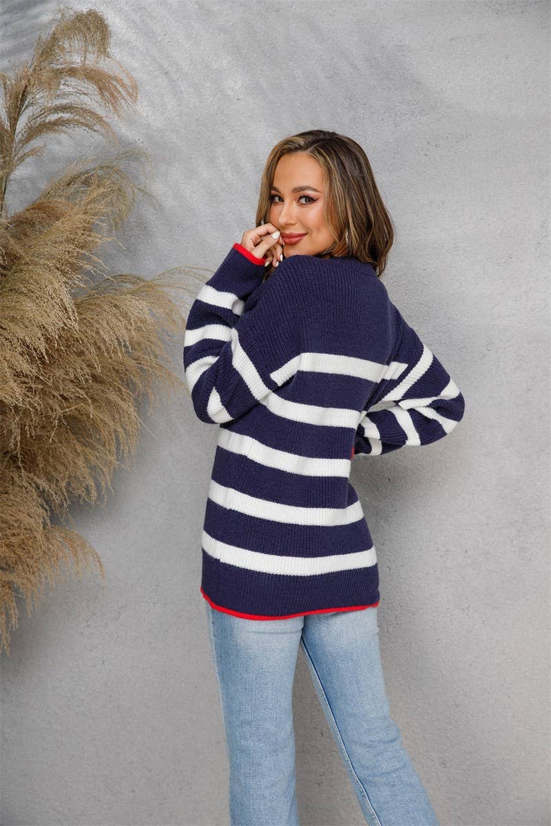 CWOSWL1709_Crew Neck Long Sleeve Striped Pullover Sweater: NAVY / (S) 1