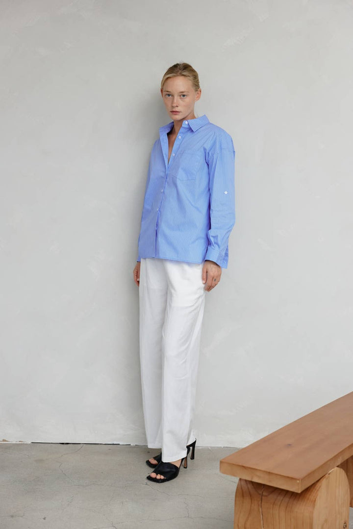 The Annalise Top | Pinstripe Button-Down Top: BLUE/WHITE / MEDIUM