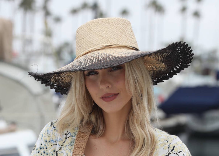 5" Brim Vanessa Ombre Straw Sun Hats with Lace Weave Edge: Saffron
