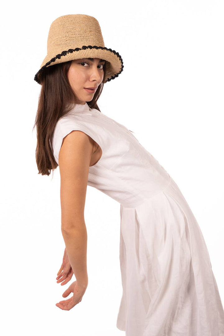 3" Kate Crochet Bucket Straw Hats W/ Colored Lace Weave Edge: Natural